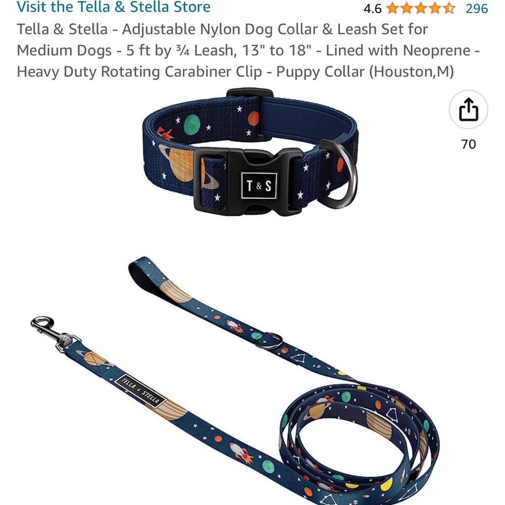 NWT Tella & Stella - Adjustable Nylon Dog Collar & Leash Set for Medium Dogs